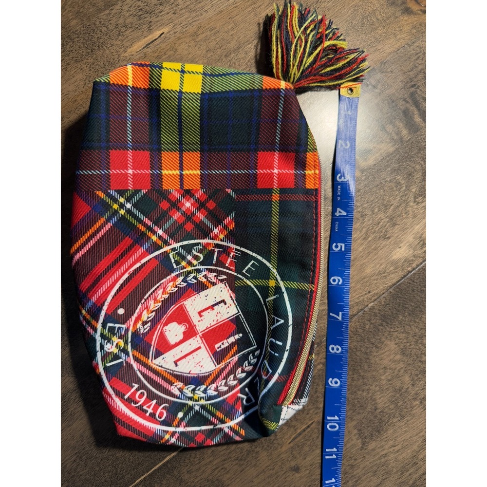 Estee Lauder Women Make-up‎ Cosmetic Bag Red Blue Green Tartan Plaid with Tassel